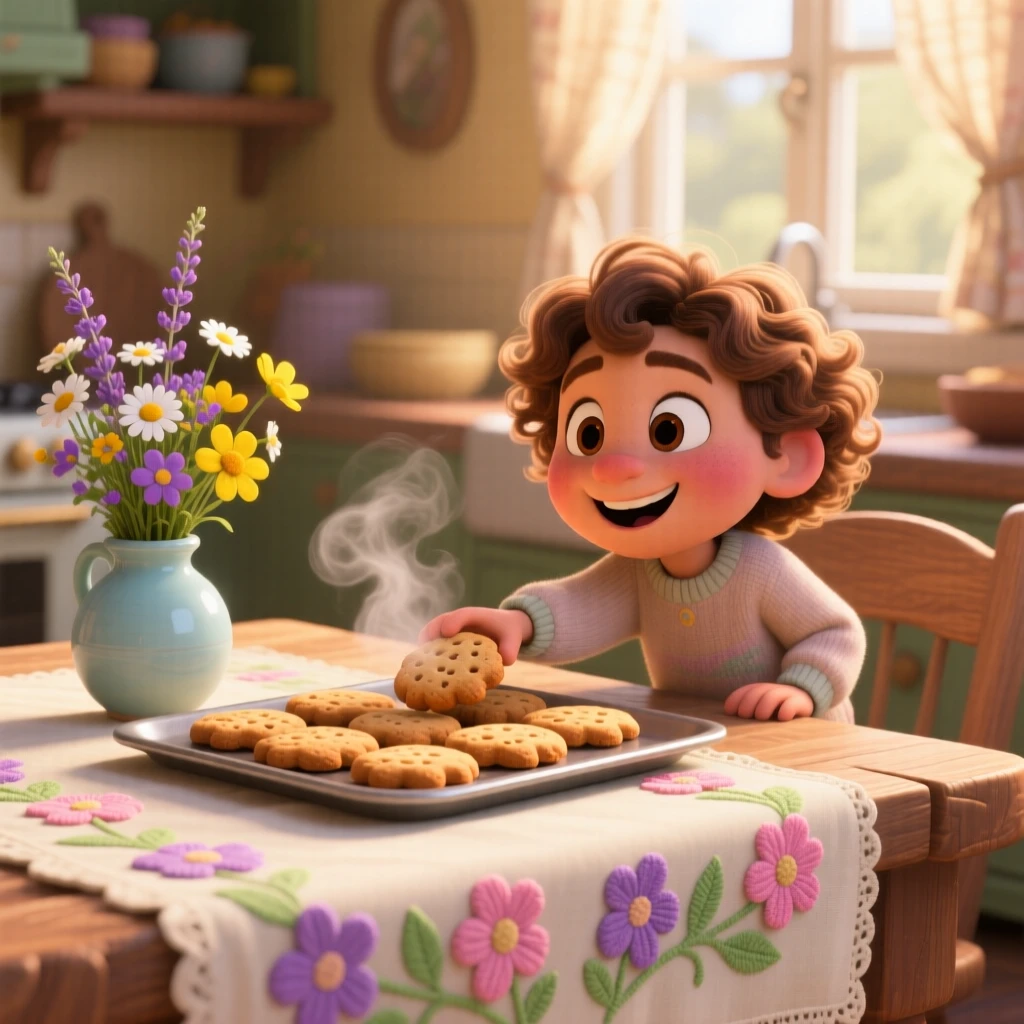 A tray of freshly baked cookies sits on a tablecloth decorated with fresh flowers, with a small vase of wildflowers nearby. A cheerful, mouthwatering warmth surrounds the dish.