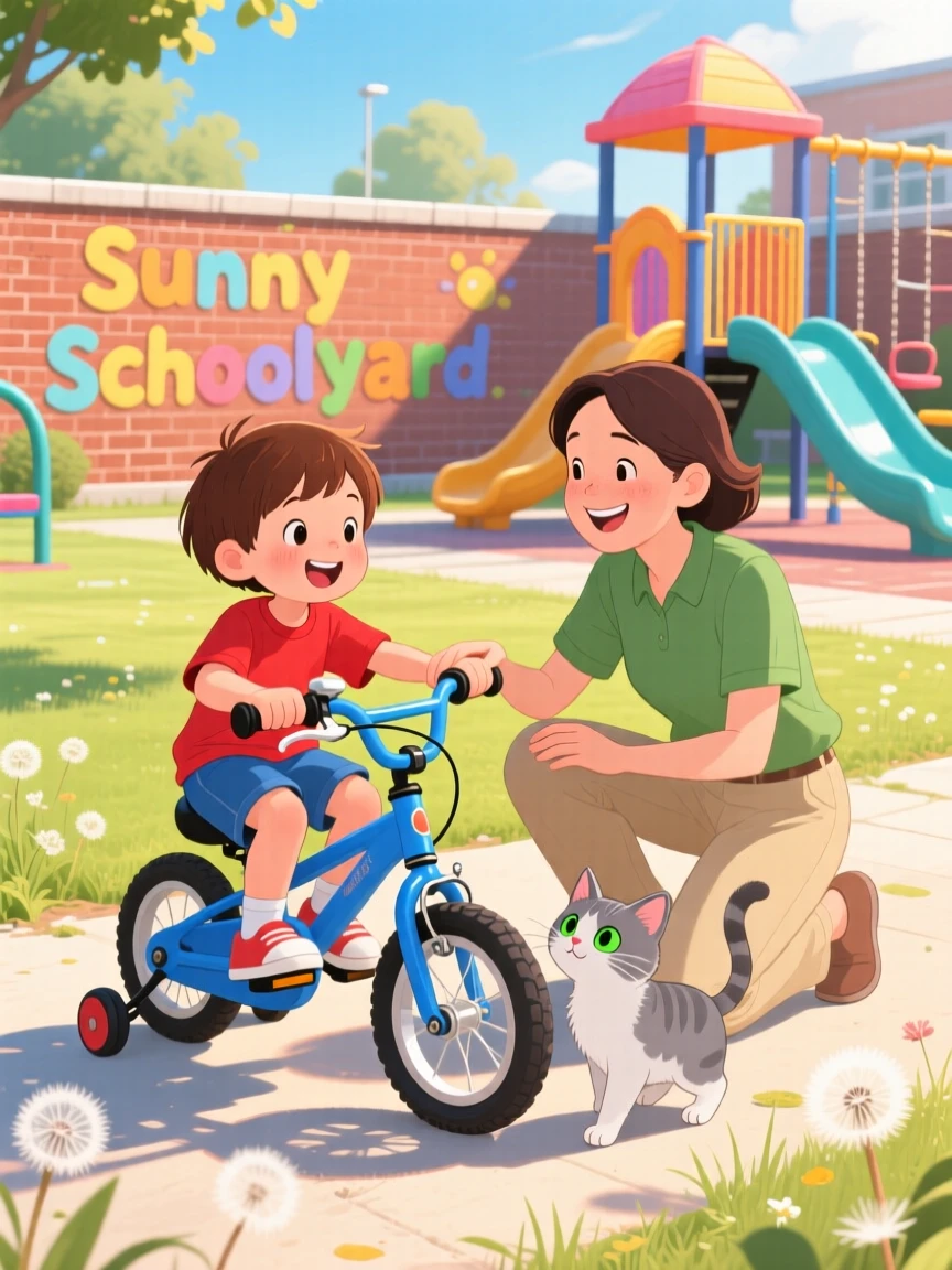 A child and a stray kitten are seen learning to ride a bike with a patient helper close by in a sunny schoolyard, as trust grows between them.