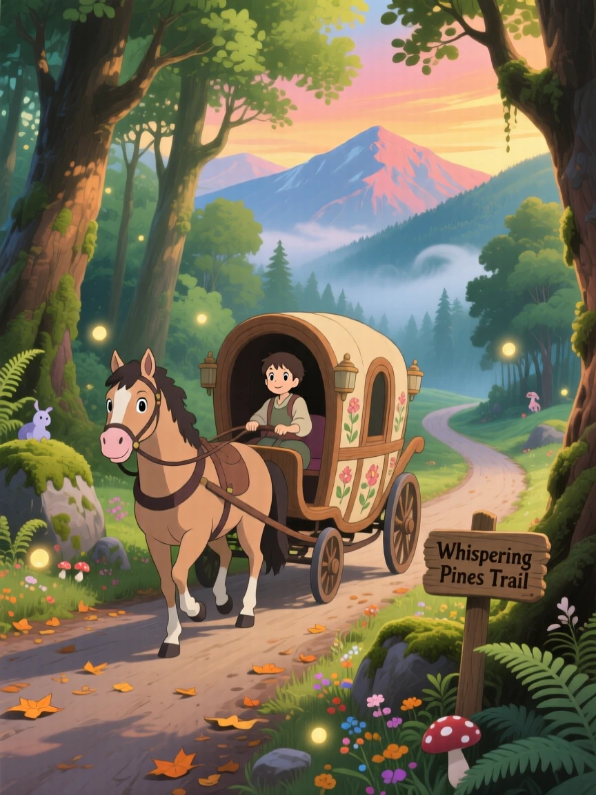 A charming scene of a horse-drawn carriage traveling along a forest road, framed by distant mountains.