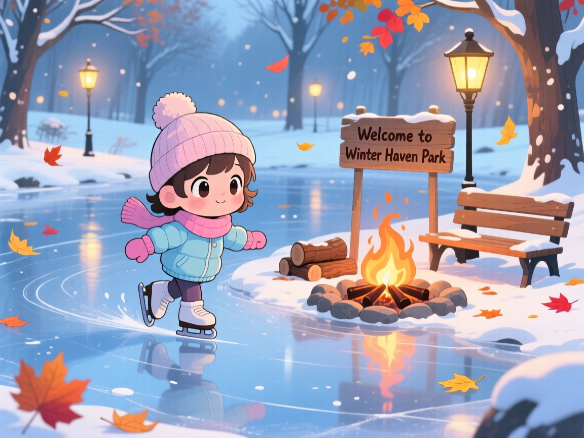 Wide establishing shot: a child ice skater, gliding gracefully across a frozen pond, set against a snowy winter park with autumn leaves swirling around, with cozy firelight and a mood of peaceful calm.