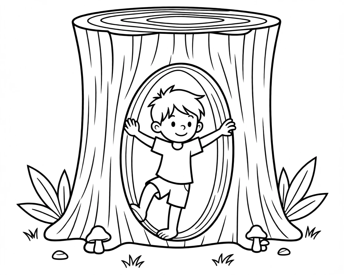 A child climbing through a giant hollow tree trunk