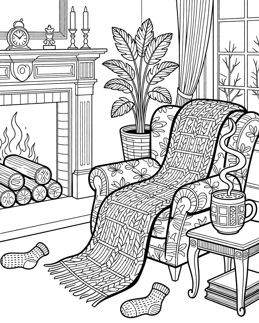 A cozy fireplace scene with a knitted blanket and steaming mug of cocoa.