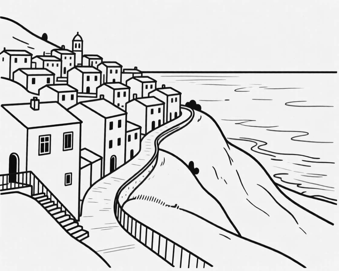 A hillside town with narrow winding streets overlooking the sea