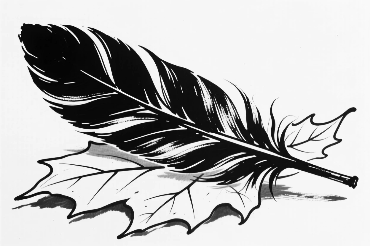 A phoenix feather glowing softly on a bed of autumn leaves.