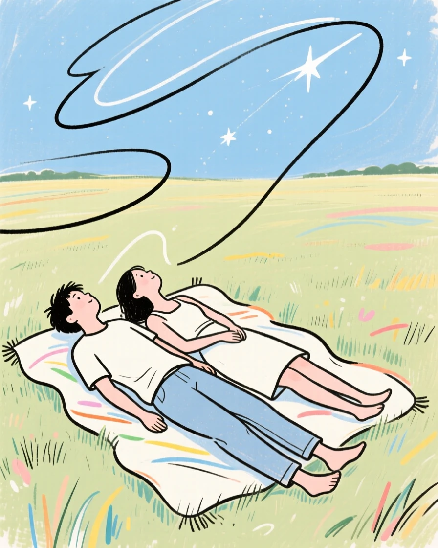 A young couple stargazing together on a blanket in an open field.