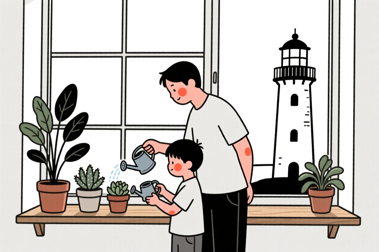 A father and son watering houseplants by a bright window, beside an old lighthouse.