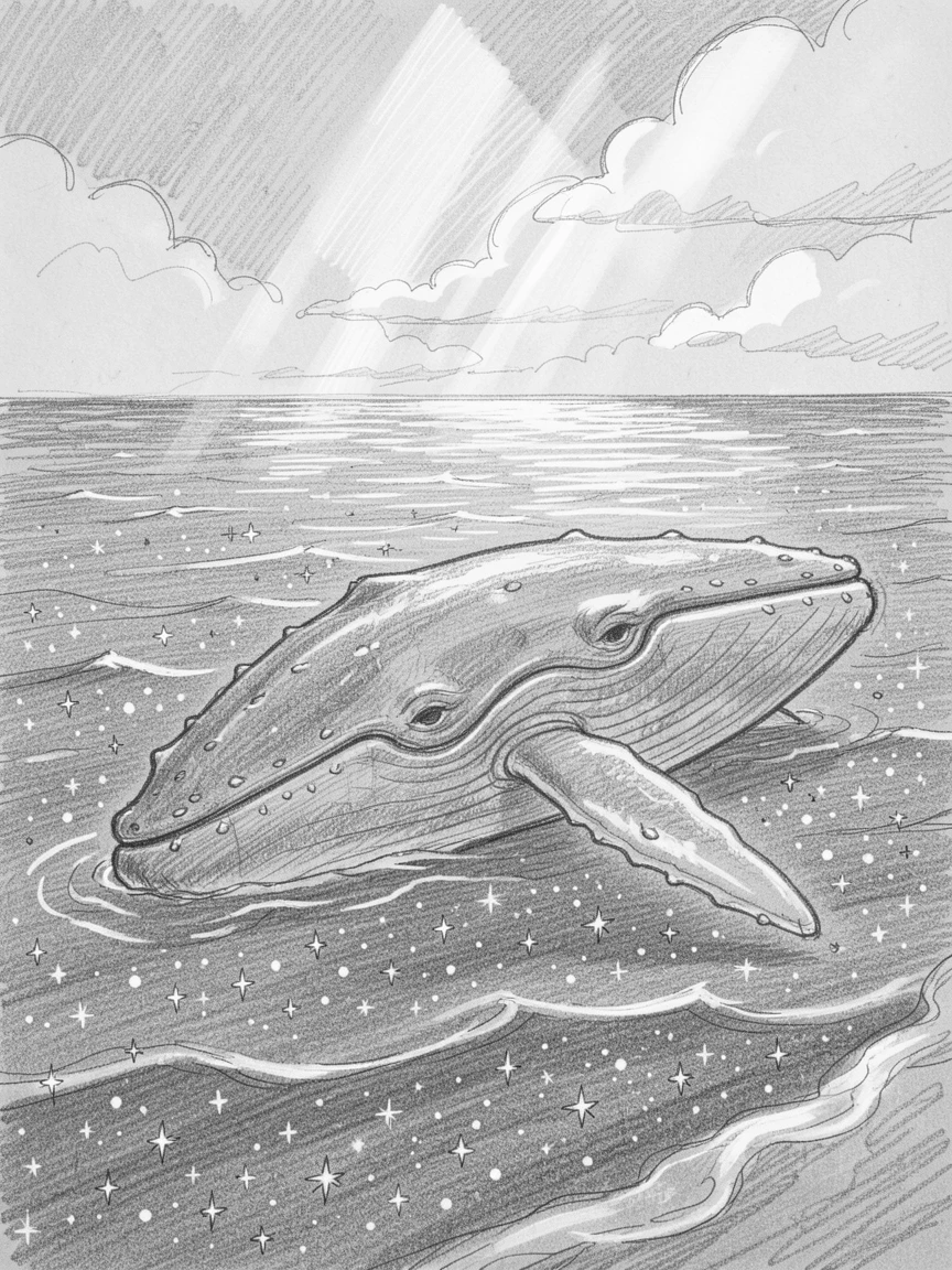 An epic fantasy scene of a giant whale swimming through a sea of stars on the edge of an endless starlit ocean, with shafts of light piercing through the clouds.