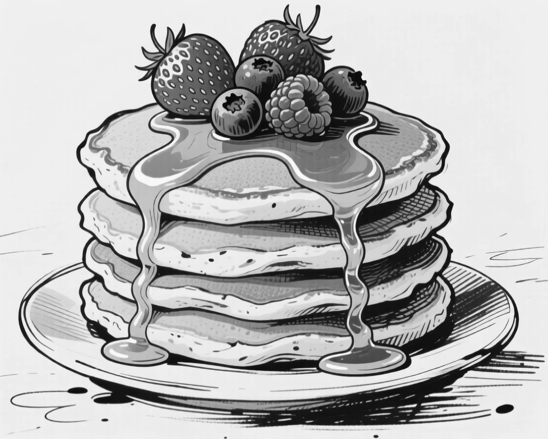 A stack of golden pancakes drizzled with syrup and topped with fresh berries.