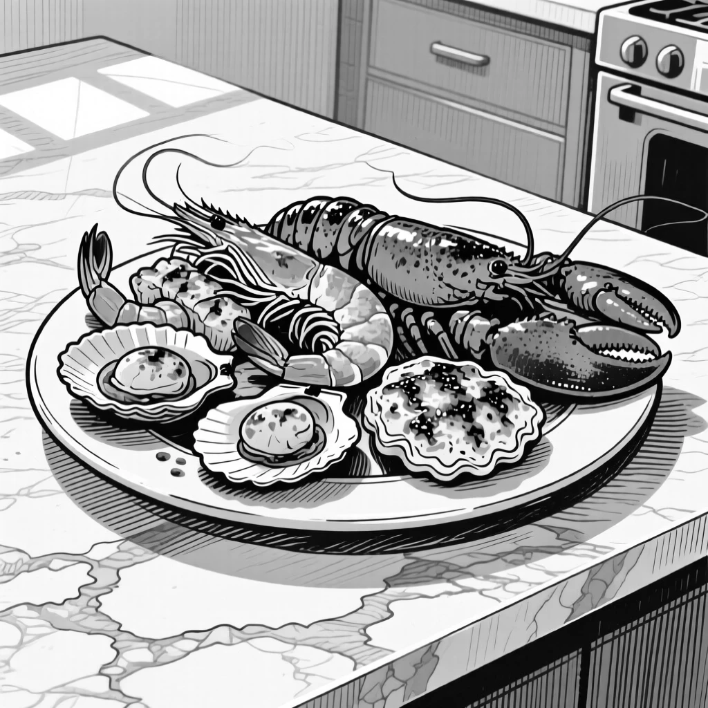 A plate of grilled seafood arranged on a marble kitchen counter, with sunlight catching the glossy surface, presented in an elegant and inviting culinary still life.