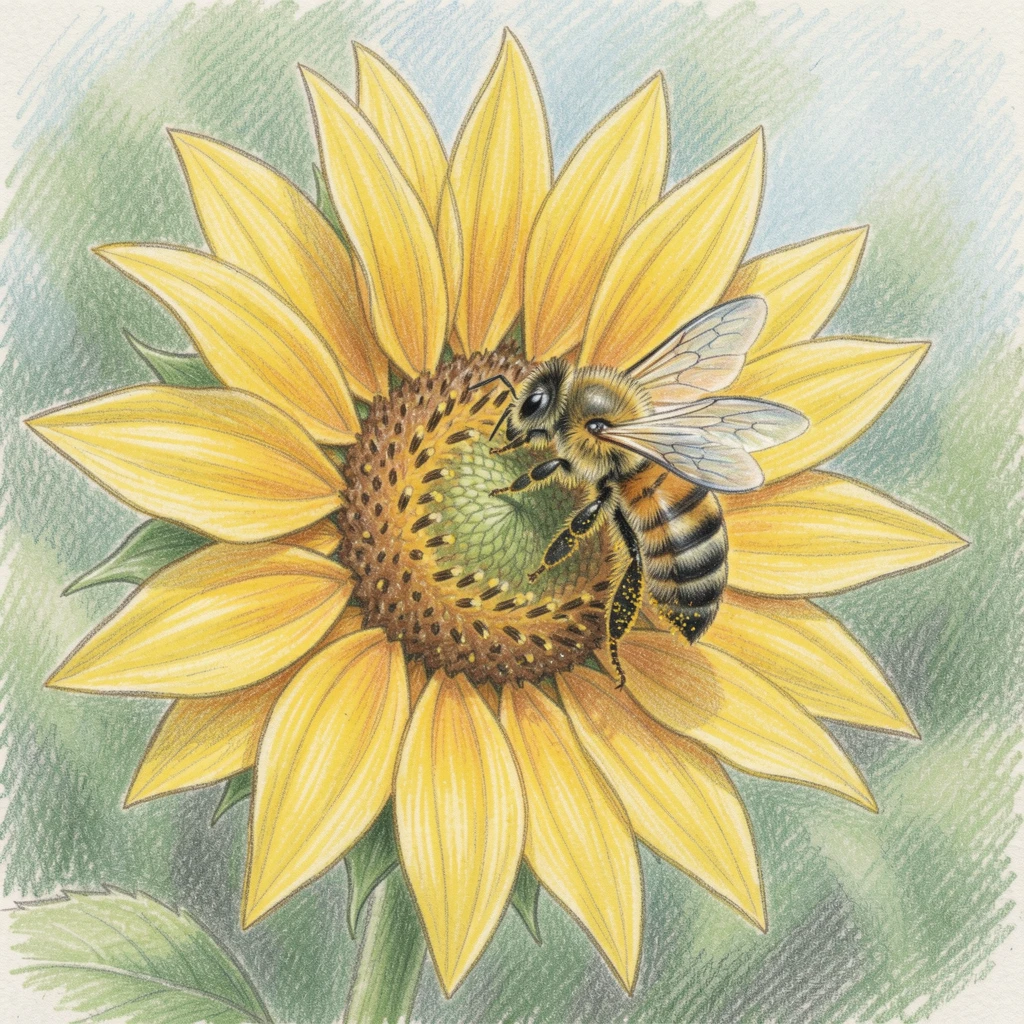 A bee gathering pollen from a bright sunflower, captured in a quiet, intimate moment full of atmosphere, full of charm, emotion, and visual delight.