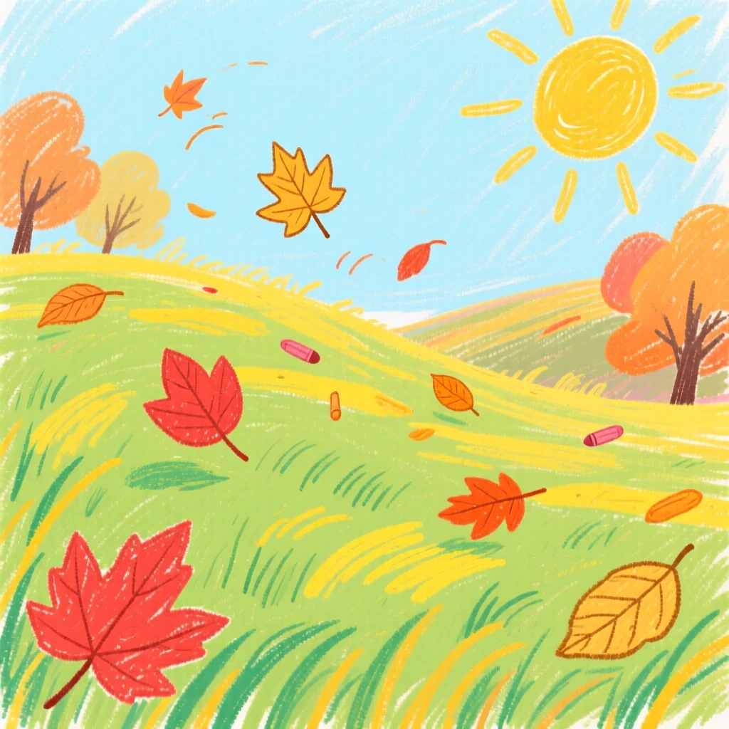 A view of a sunlit meadow surrounded by drifting autumn leaves.