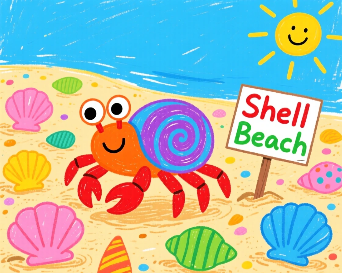 A hermit crab exploring a shell-covered beach.