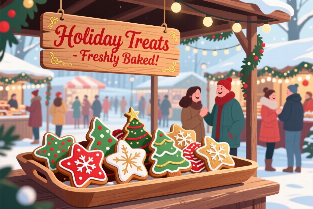 A tray of festive holiday cookies shaped like stars and trees, set within a bustling outdoor market stall, captured with a close, mouthwatering focus, with a joyful, celebratory feel.