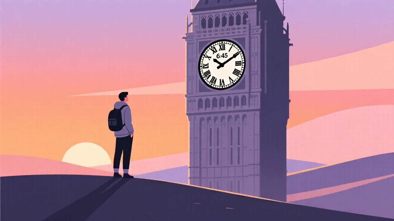 A traveler watching the sunset near a famous clock tower.