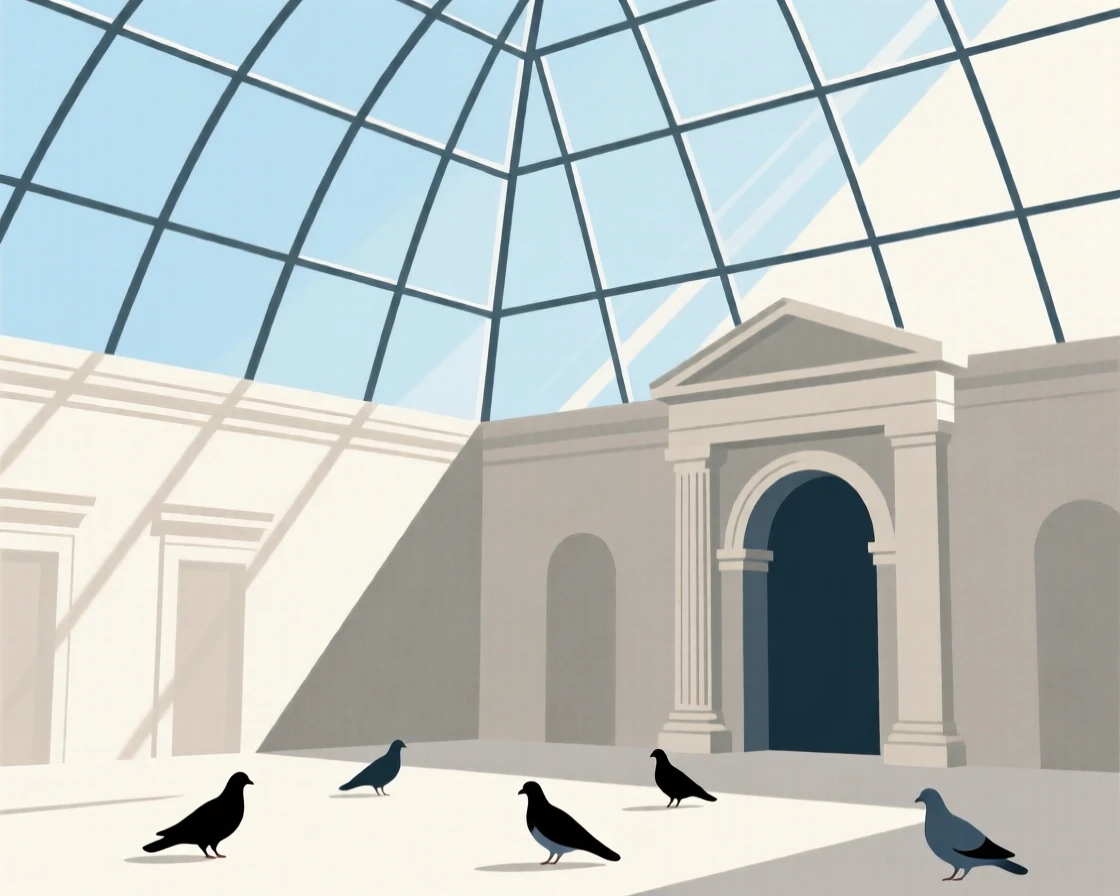 A quiet corner of a glass-domed atrium within a sunlit courtyard, featuring a scattering of pigeons, full of timeless grandeur.