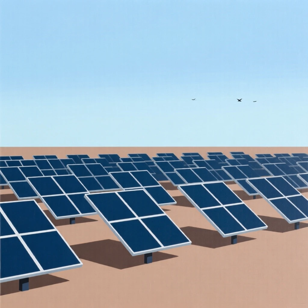 A solar panel field under a clear sky