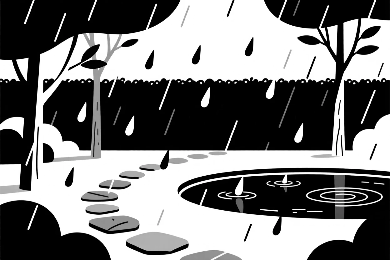 A gentle rain falling on a quiet garden.