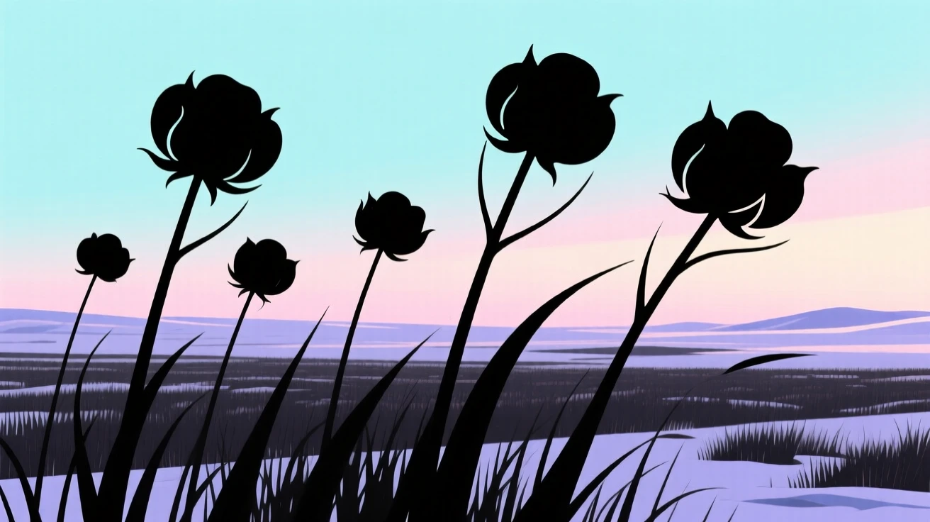 A field of cotton grass swaying across an open arctic tundra.