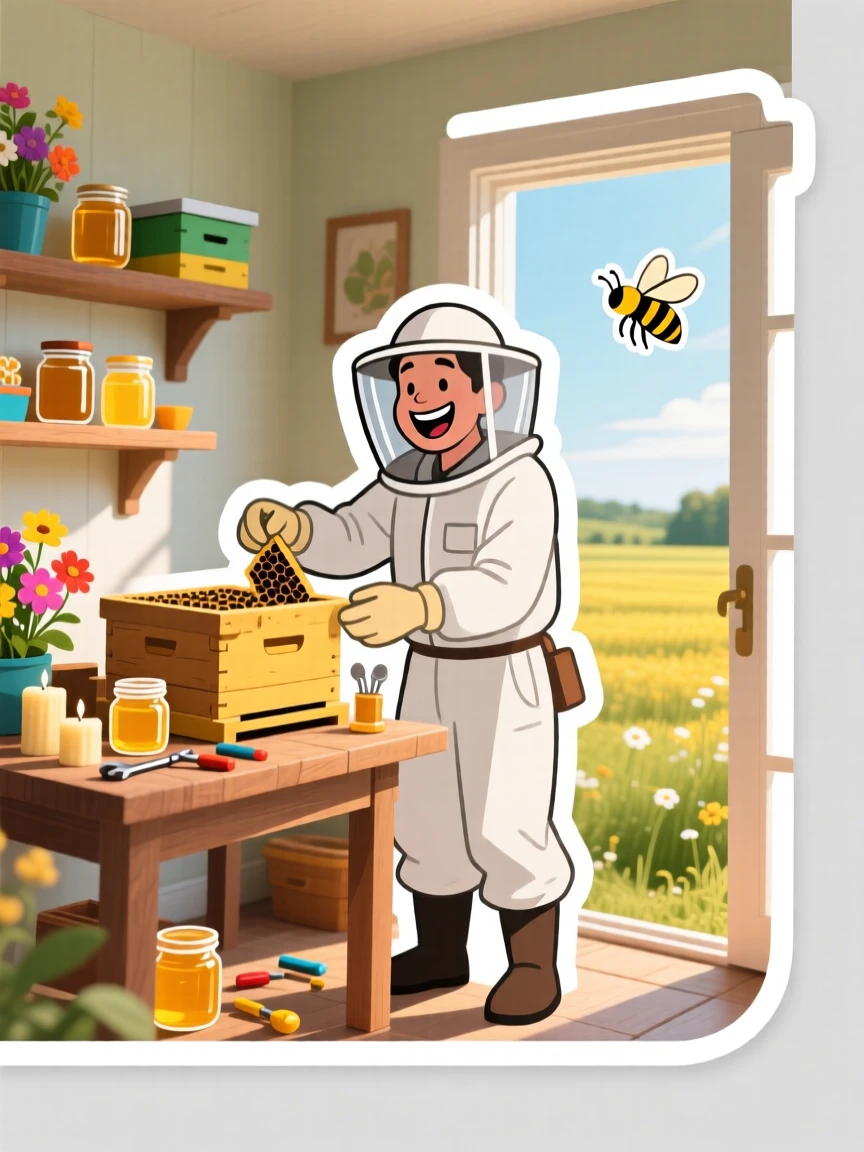 A beaming with excitement beekeeper tending to a hive in a sunny field, with colorful materials spread all around, in a peaceful home corner dedicated to their craft.