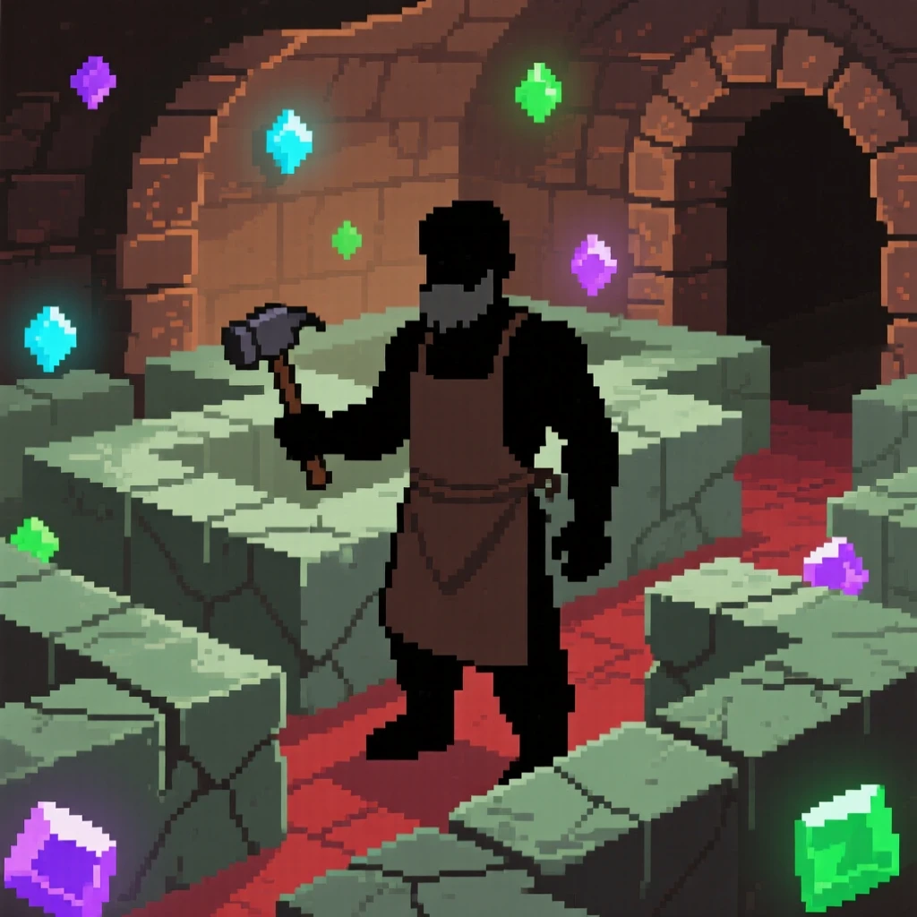 A village blacksmith navigating a maze of ancient stone puzzles, inside a mine filled with glowing gems.