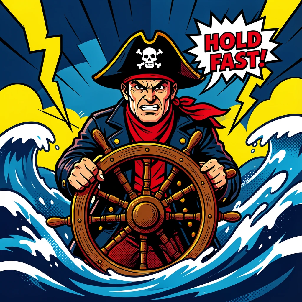 A pirate captain steering his ship through a stormy sea