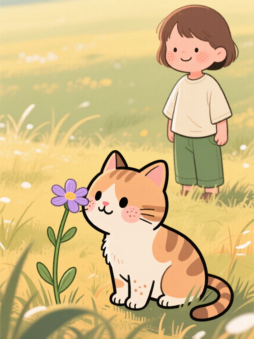 A tiny kitten sniffing a wildflower in a sunny meadow, pausing to look up with curious, gentle eyes as a child watches from afar.