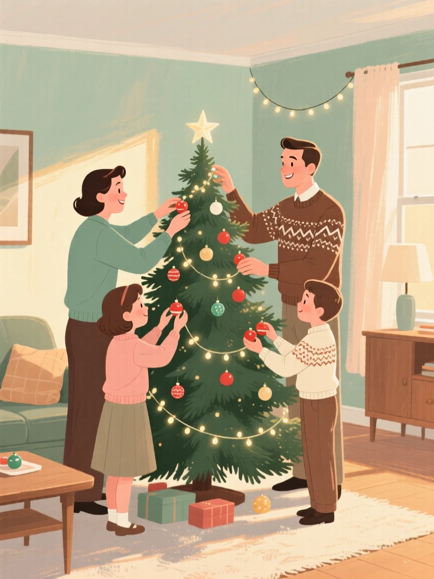 A family decorating a Christmas tree together in a cozy living room