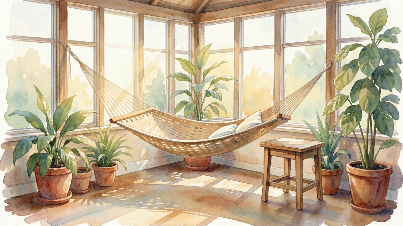 A sunroom with a hammock chair.