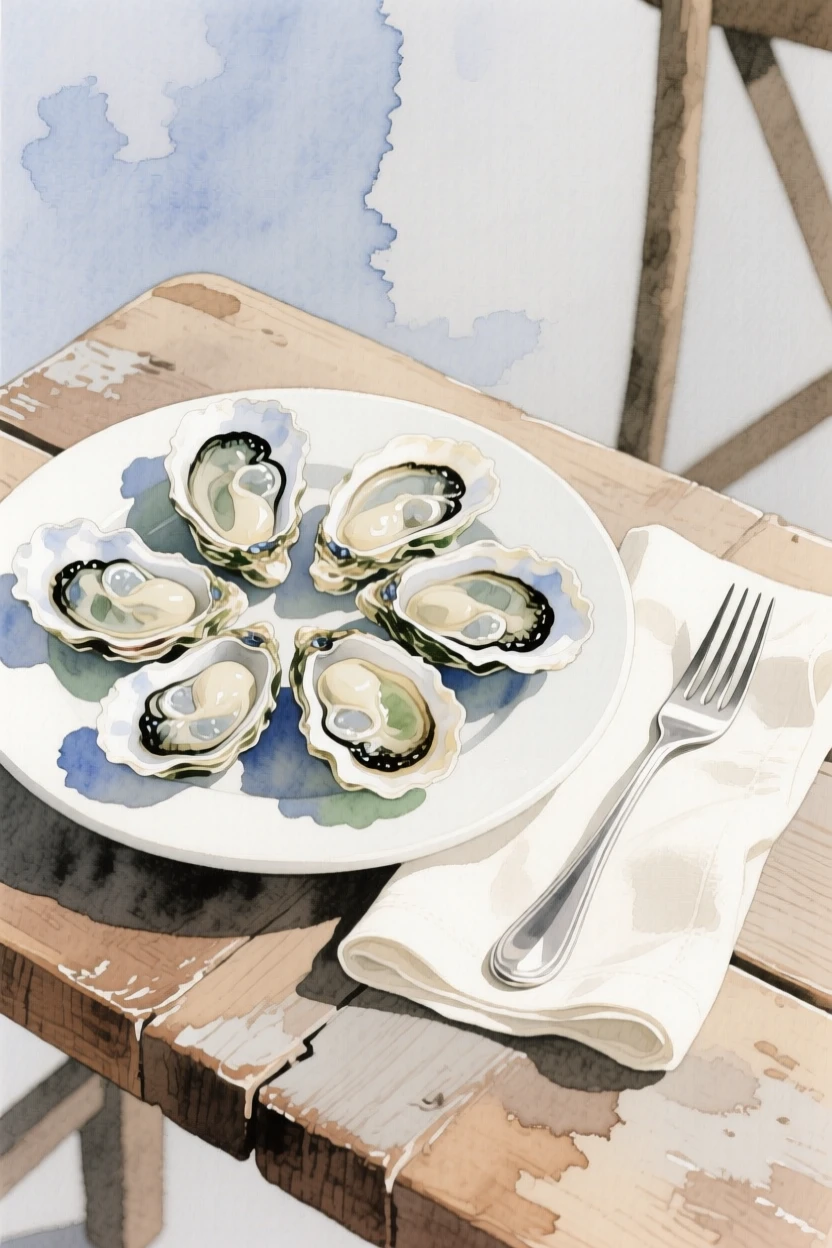 A plate of fresh oysters sits beside a linen napkin and silver fork on a rustic farmhouse table, arranged beautifully for a delightful meal