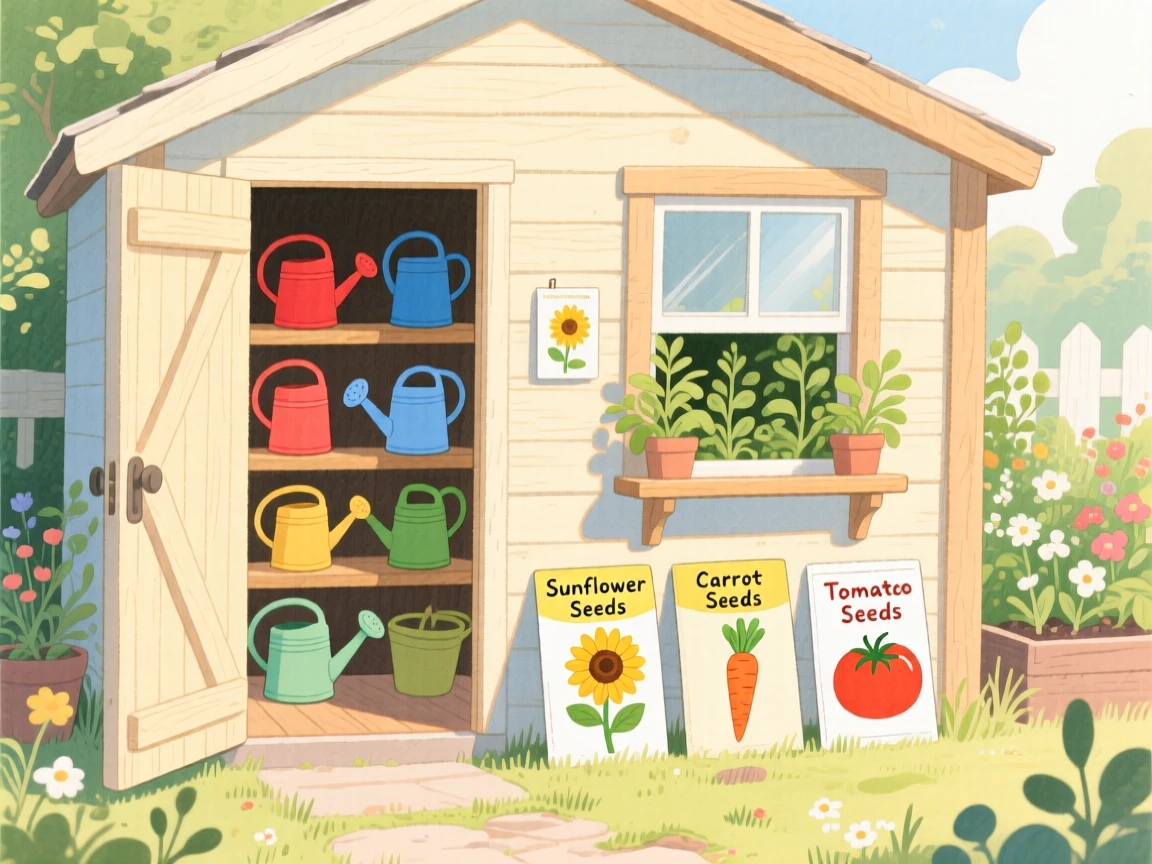 A garden shed filled with watering cans and seed packets, warm and inviting on a quiet afternoon.