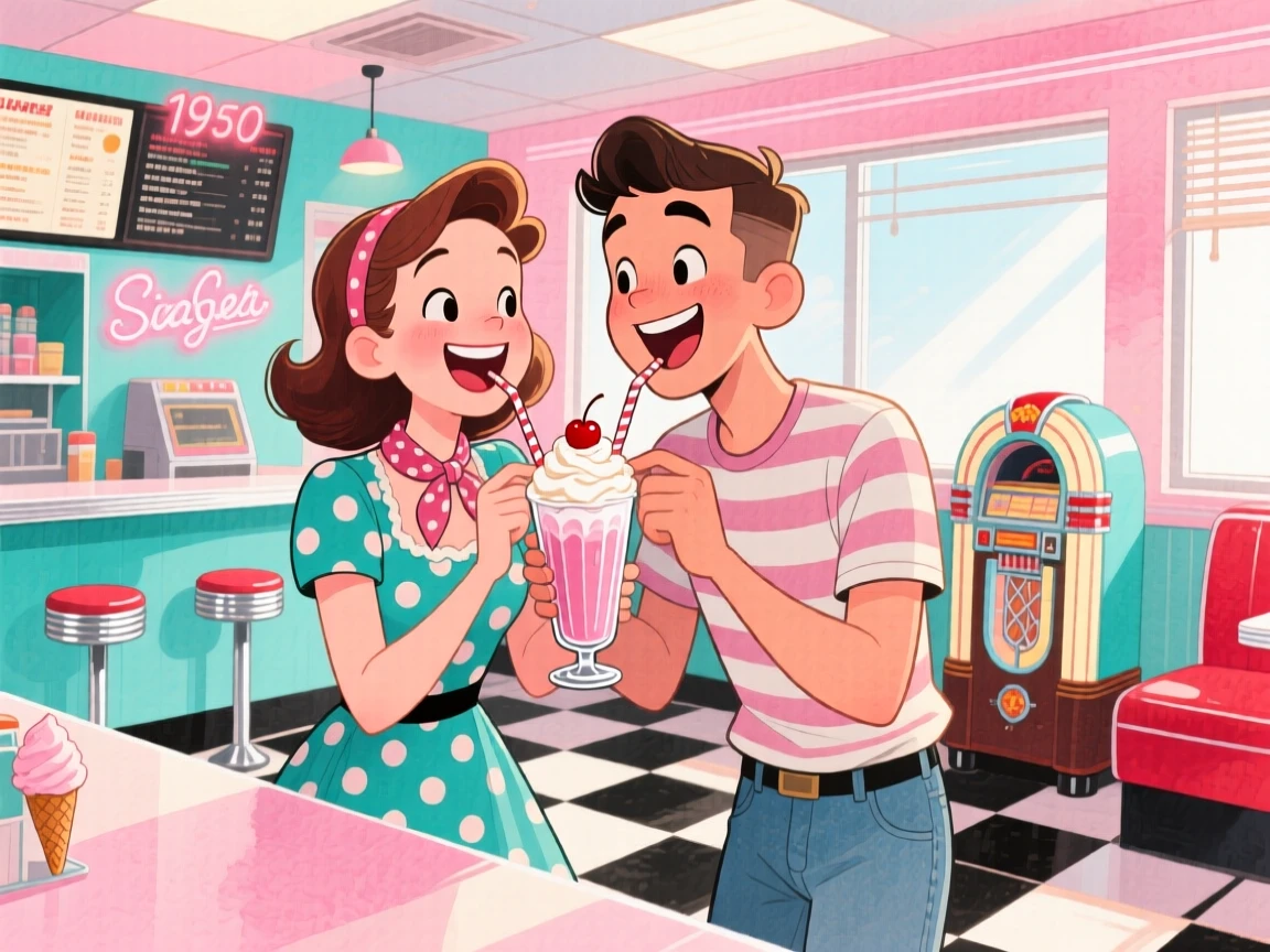 Two best friends sharing a milkshake with two straws at a diner counter, in a retro 1950s-style ice cream parlor, with laughter caught mid-motion, the sweetness of true friendship.