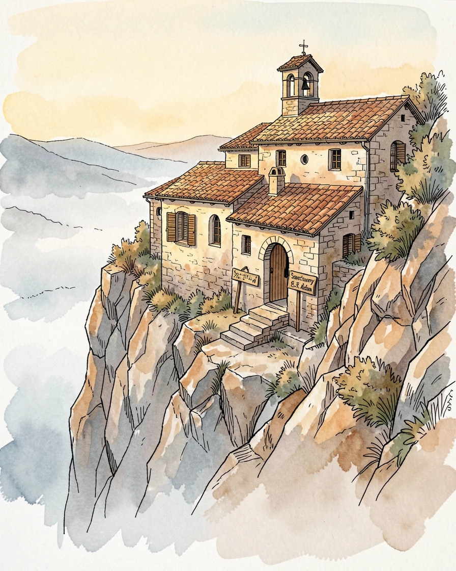 A remote monastery clinging to a cliffside above a misty valley, warm afternoon light settling over the weathered stone and rooftops.