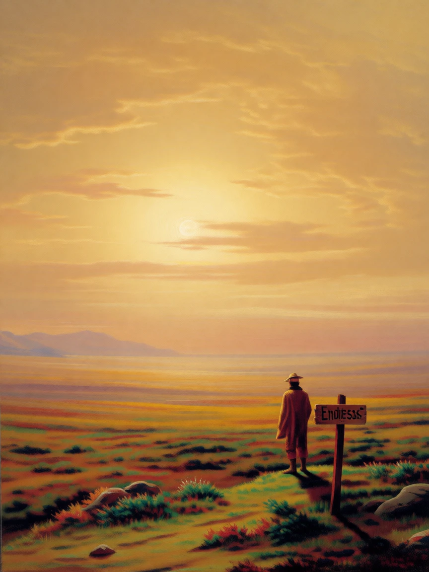 A tundra glowing under a low, endless sun, with a solitary traveler pausing to take in the view.