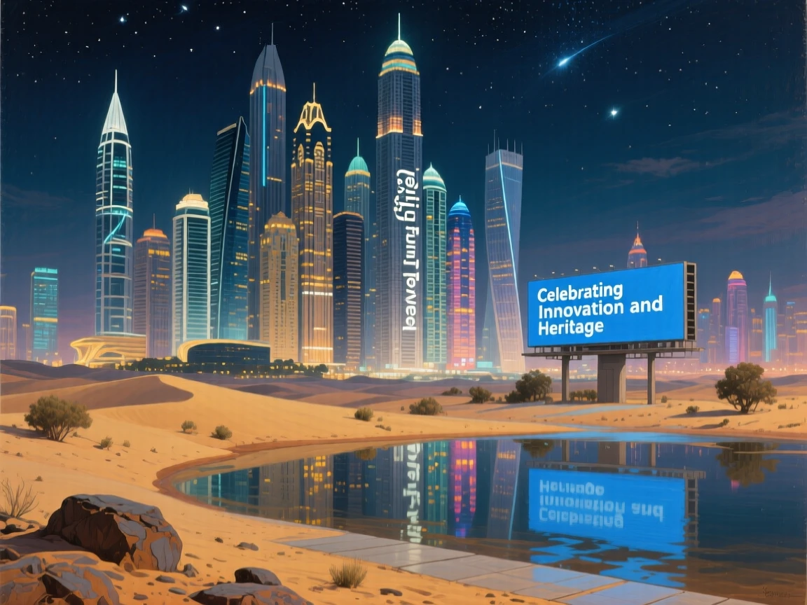 A futuristic Dubai skyline glittering above the desert at night, as reflections shimmer across nearby water or wet pavement, celebrating the architectural wonder and cultural richness of the location