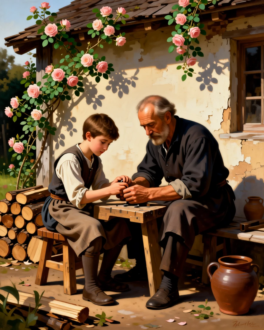 A young apprentice learning the trade from a patient craftsman as ordinary labor takes on unexpected grace, set beside a rustic cottage framed by climbing roses, with modest but well-tended surroundings speaking of quiet pride; a tight, intimate framing draws focus to hands and faces at work, radiating simple contentment and honest labor.