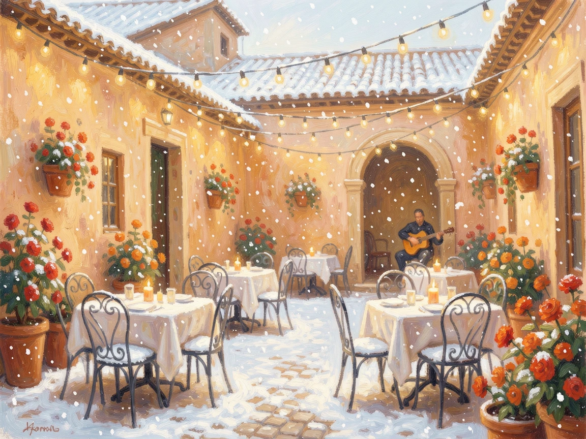 A hidden courtyard restaurant in Seville strung with fairy lights and filled with the sound of flamenco guitar, amid a gentle winter snowfall, inspiring awe at the beauty of the scene.