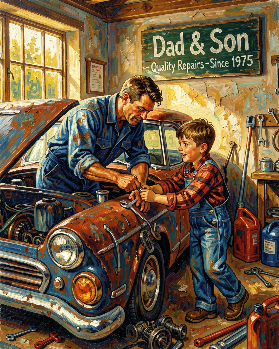 A father and son fixing an old car together in a garage on a Saturday afternoon.