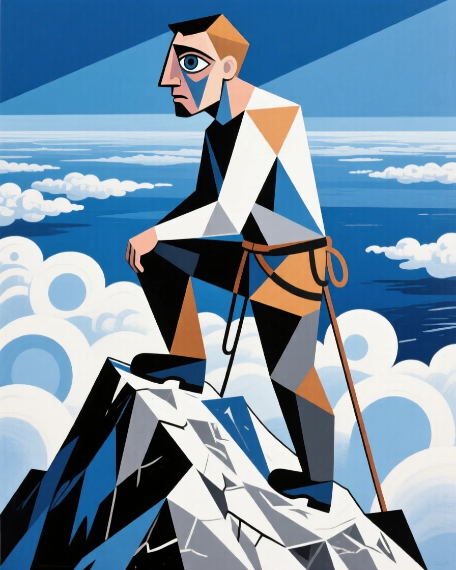 A mountain climber pausing to admire a sea of clouds below the summit.