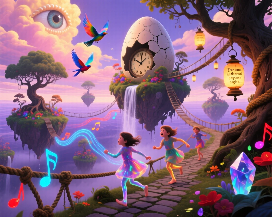 A cluster of floating islands connected by rope bridges drifts slowly across a lavender horizon, while children run along paths that curve into the sky.