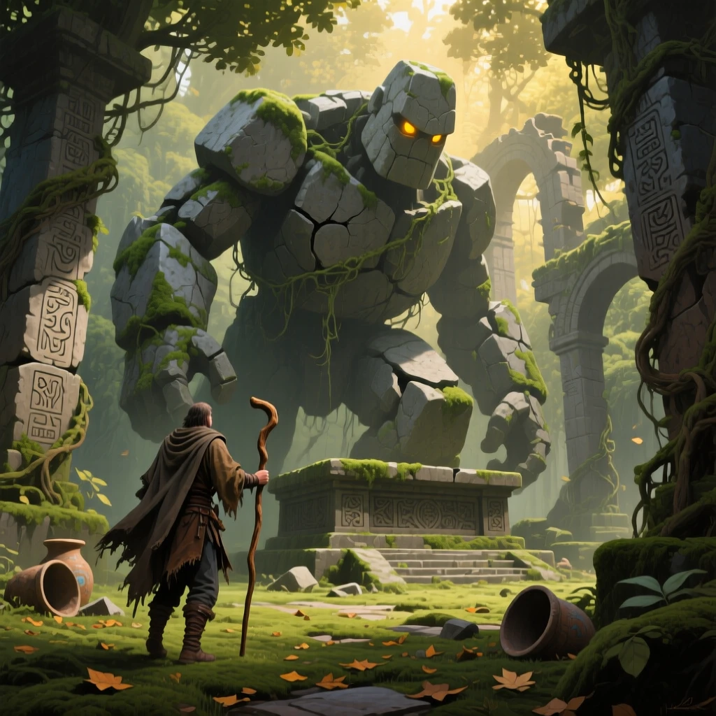A lone wanderer approaches a massive stone golem awakening in an ancient overgrown ruin, moss and vines cracking as it rises, the setting suggesting centuries of untold stories embedded in every weathered surface.