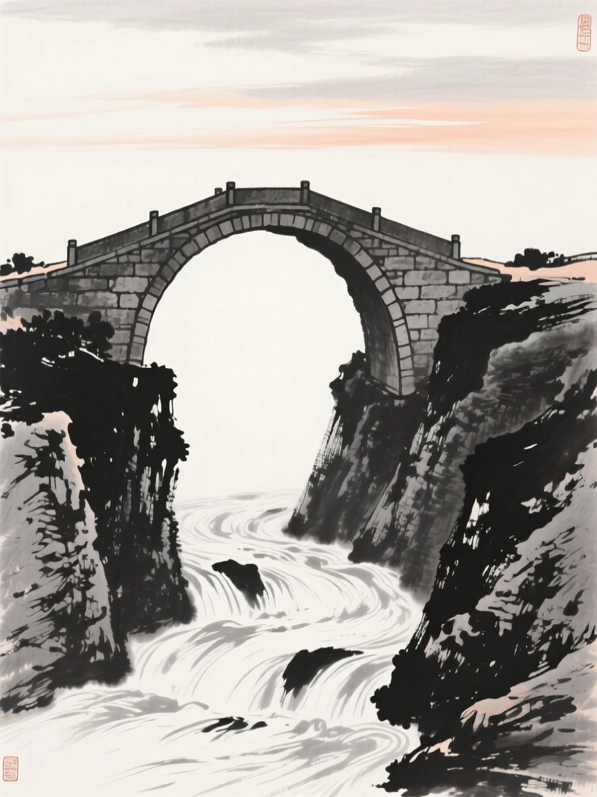 An arched stone bridge spans a narrow gorge above a rushing stream, beneath a sky tinged with the colors of early evening.