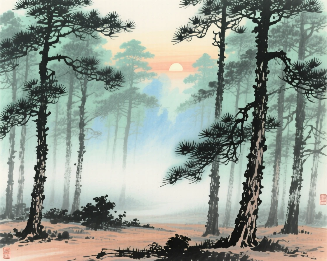 A dense pine forest blanketed in morning fog, in the quiet hour before sunrise.