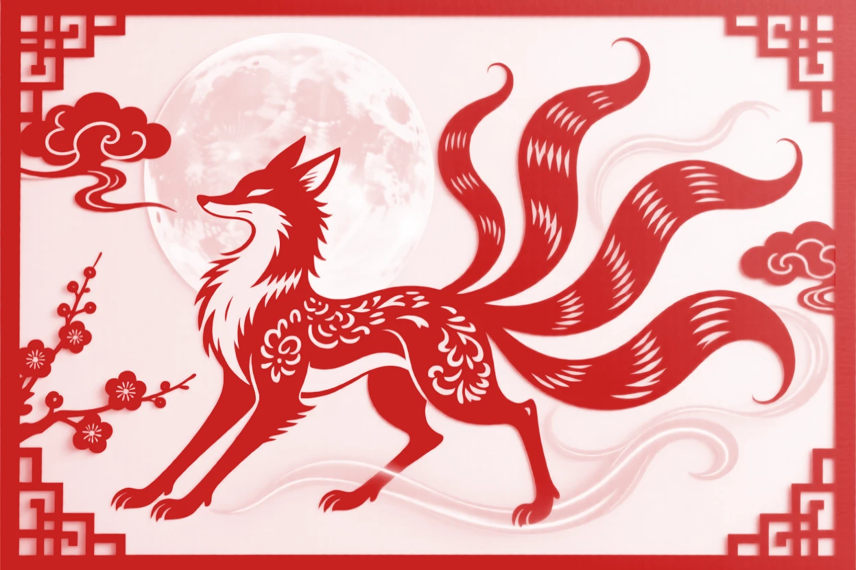 A fox spirit transforming beneath a full moon, her tail trailing wisps of glowing mist