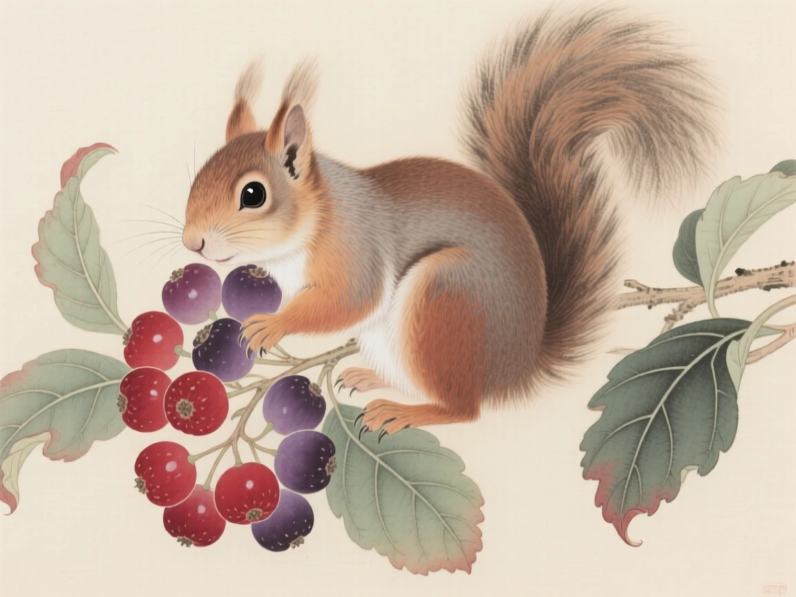 A squirrel curled around a cluster of wild berries