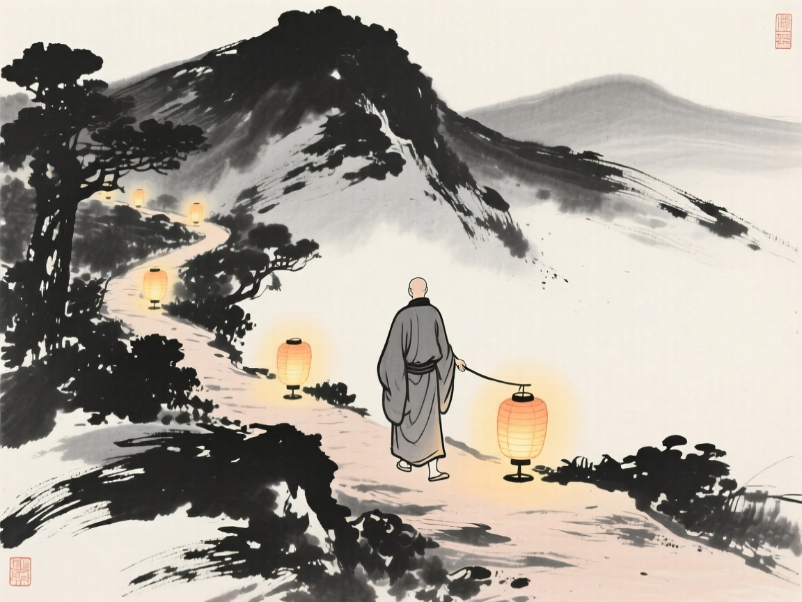 A robed monk walking home along a lantern-lit path along a quiet mountain trail, composed with soft light falling across the scene, evoking warmth, simplicity, and quiet dignity.