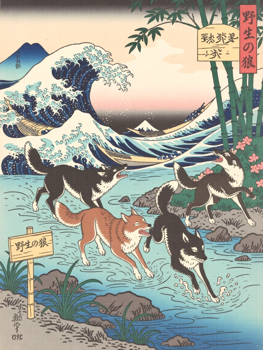 A pack of wolves playing along a rocky riverbank.