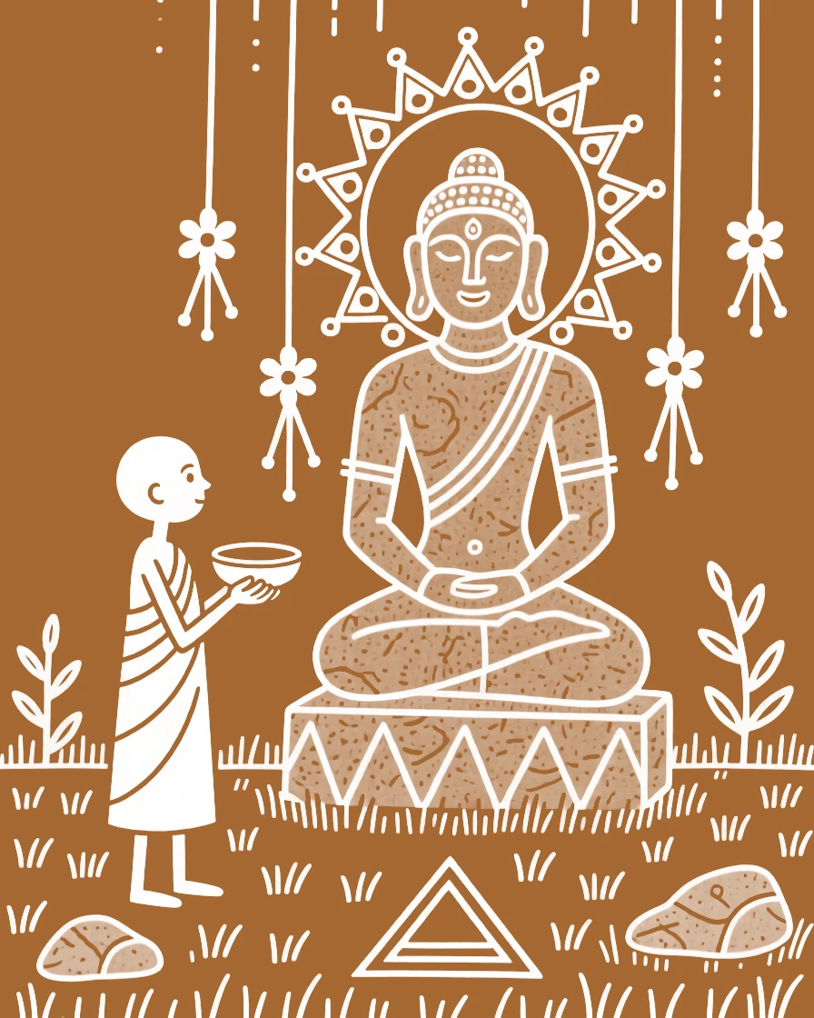 A young monk before a stone deity adorned with flowers.