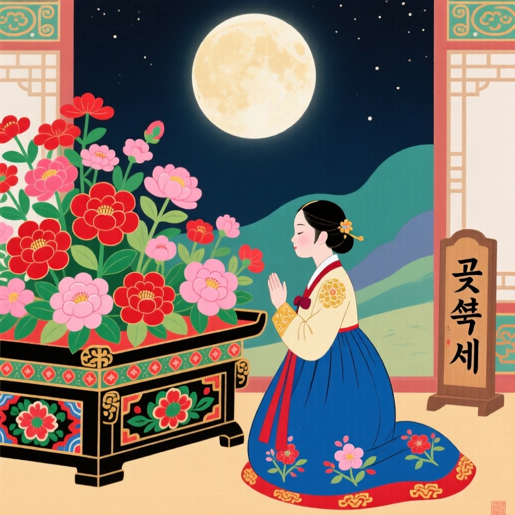 A young empress kneeling before an altar covered in fresh flowers, beneath a full moon.