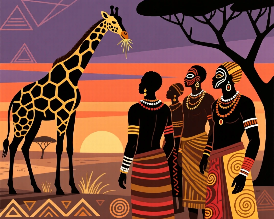 A group of travelers watching a giraffe graze at sunset.