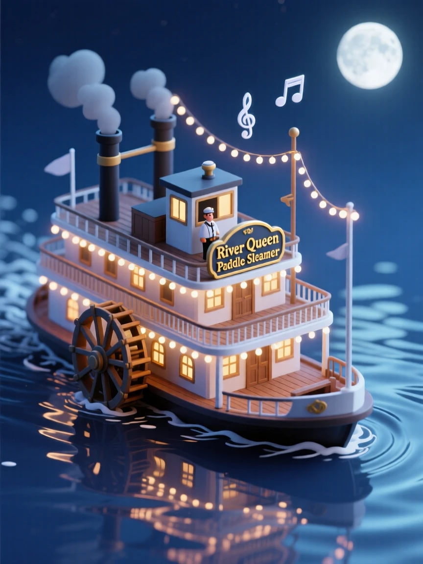 A classic paddle steamer riverboat lit with string lights at night, music drifting across the water as it glides downstream.